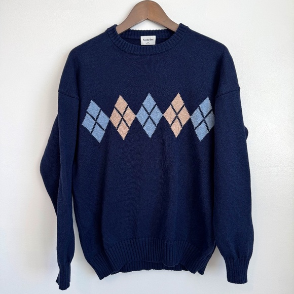 SUNDAY BEST Argyle Sweater Cotton Cashmere Navy Blue, Size XS-S - Picture 1 of 8
